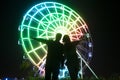 a young man and woman romance love in the night in amusement park near ferris wheel