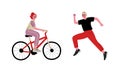 Young Man and Woman Running and Riding Bicycle Vector Set