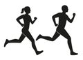 Young man and woman runs, black contour silhouette. Male and female runners. Sport lifestyle, speed, victory, race Royalty Free Stock Photo