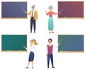 Young man, woman, senior male and female teachers near blackboard set. Trendy gradient color vector illustration teacher Royalty Free Stock Photo