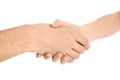 Young man and woman shaking hands on white background Royalty Free Stock Photo