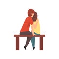 Young Man and Woman Sitting on Bench and Hugging, Happy Romantic Couple on Date, Back View, Happy Lovers Characters Royalty Free Stock Photo