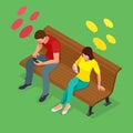 Young man and woman sitting on the bench and send SMS. Communication via the Internet, typing text message via cellphone Royalty Free Stock Photo