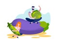 Young Man and Woman Sitting at Huge Eggplant.