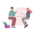 Young Man and Woman Sitting at Table and Drinking Wine, Couple in Love on Date Cartoon Style Vector Illustration Royalty Free Stock Photo