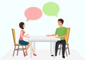 Young man and woman are sitting at the table and have conversation. Male female talking dialogue chats. Vector