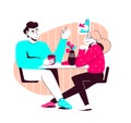 Young man and woman are sitting at the table at home and chatting. The concept of joint family leisure. Vector