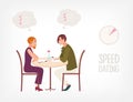 Young man and woman sitting at table, looking at each other and talking. Male and female cartoon characters and check