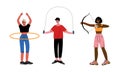 Young Man and Woman Skipping Rope, Doing Archery and with Hula Hoop Vector Set