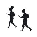 Young man and woman with smartphones walking silhouette