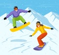 Young Man and Woman Snowboarding in Mountains.