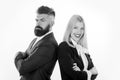 Young man and woman standing back-to-back with crossed hands against white background. Business man concept. Royalty Free Stock Photo