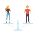 Young Man and Woman Standing on Scales, Equal Rights of People, Gender Equality in Society Vector Illustration