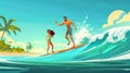 Young man and woman standing on surfboards in sea or ocean. Happy active people swimming. Summer beach extreme adventure Royalty Free Stock Photo