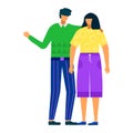 Young man and woman standing together, casual clothing, modern style, flat design. Friendship, youth, fashion. Vector
