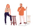 Young man and woman standup artist cartoon character telling jokes in microphone performing on stage