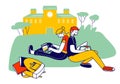 Young Man and Woman Students with Gadget and Books Sitting on Grass at College Yard Background Royalty Free Stock Photo