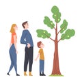Young Man and Woman with Their Kid Watching Growing Tree Vector Illustration Royalty Free Stock Photo