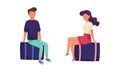 Young Man and Woman Tourist Sitting on Luggage Engaged in Travelling on Vacation Vector Set