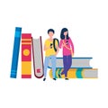 Young man and woman using smartphone and stack books