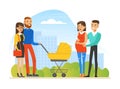 Young Man and Woman Walking Outdoor Pushing Baby Carriage Meeting Pregnant Family Vector Illustration Royalty Free Stock Photo