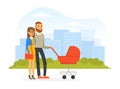 Young Man and Woman Walking Outdoor Pushing Baby Carriage Vector Illustration