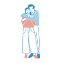 Young man and woman warmly hugging or cuddling. Boy standing behind girl and embracing her. Cute male and female cartoon