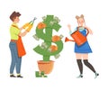 Young Man and Woman Watering and Caring About Money Tree Vector Illustration Royalty Free Stock Photo