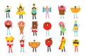 Young Man and Woman Wearing Food Costumes Standing and Waving Hand Vector Illustration Set