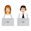 Young man and woman wearing headsets