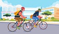 Young man and women cycling around the city, wearing safety helmet and bringing bag. building and city illustration in the