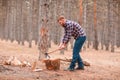 A man chopping wood in an forest. Outdoors. Royalty Free Stock Photo