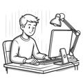 Young Man Working at Computer Desk engraving vector Royalty Free Stock Photo