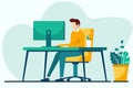 Young man working on computer at home. Vector illustration in flat style Royalty Free Stock Photo