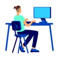 Young man working on computer semi flat color vector character Royalty Free Stock Photo