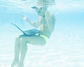 Young man working with his laptop underwater Royalty Free Stock Photo