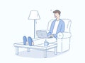 Young Man working from home, freelance workflow on computer, using internet, hand-drawn style vector illustration Royalty Free Stock Photo