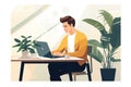 Young man working on laptop at home office. Vector illustration in flat style, Casual entrepreneur desktop sitting at work, AI Royalty Free Stock Photo