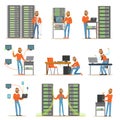 Young man working in network server room. Technician at the data center set of colorful Illustrations Royalty Free Stock Photo