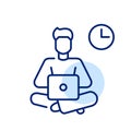 Young man working or studying at laptop, clock symbol. Time management and digital work deadline. Editable vector icon Royalty Free Stock Photo