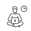 Young man working or studying at laptop, clock symbol. Time management and digital work deadline. Vector icon Royalty Free Stock Photo