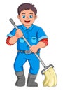 A young man works as a cleaning service with a floor cleaning tool Royalty Free Stock Photo