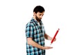 Young man writing with big red pencil. Royalty Free Stock Photo