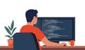Young man writing code on a desktop computer. Software developer at work. Programming coding script java, digital program code on Royalty Free Stock Photo