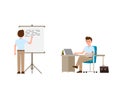 Young man writing on whiteboard, sitting at the office desk cartoon character. Vector illustration of working day. Royalty Free Stock Photo