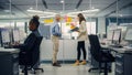 Young Manager Creating Project Plan with Senior Experienced Employee on Office Wall with Paper Notes