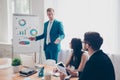 Young manager presenting whiteboard to his colleagues about financial growth Royalty Free Stock Photo