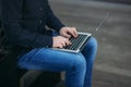 The young manager working on a laptop in the park. Lunch Break. Royalty Free Stock Photo