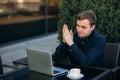 The young manager working on a laptop in the park. Lunch Break. Royalty Free Stock Photo