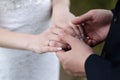 Young married couple holding hands, ceremony wedding day Royalty Free Stock Photo